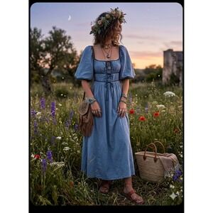 In Loom Women Blue Puff Sleeve Velvet Tie Smocked Back Midi Cottagecore Dress L